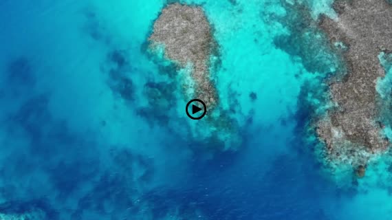 石垣島の秘境「浦崎」、サンゴ礁の青い海、俯瞰・前進